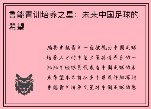 鲁能青训培养之星：未来中国足球的希望