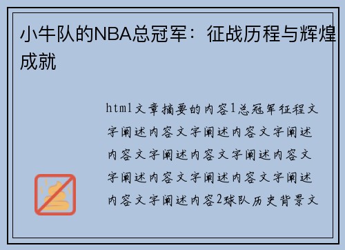 小牛队的NBA总冠军：征战历程与辉煌成就